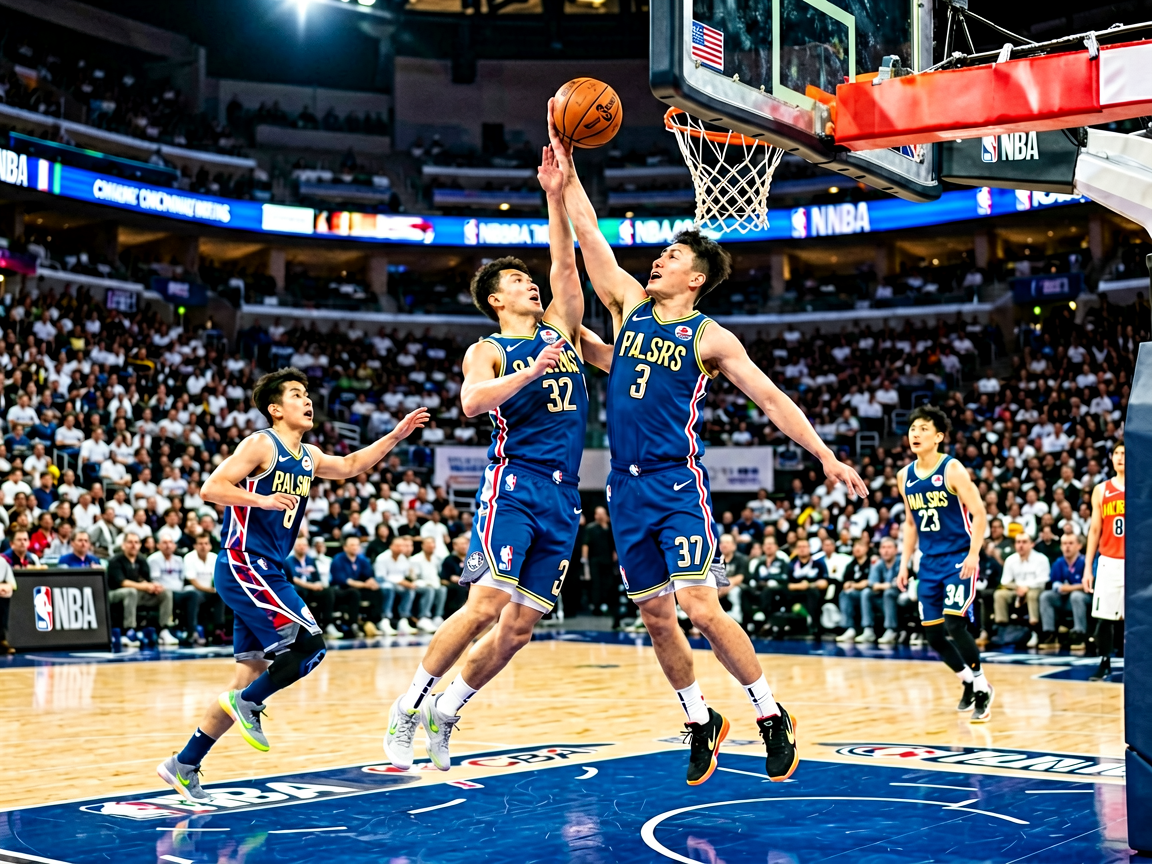 篮球比赛现场——NBA球场灯光下的激烈对抗,球员突破上篮