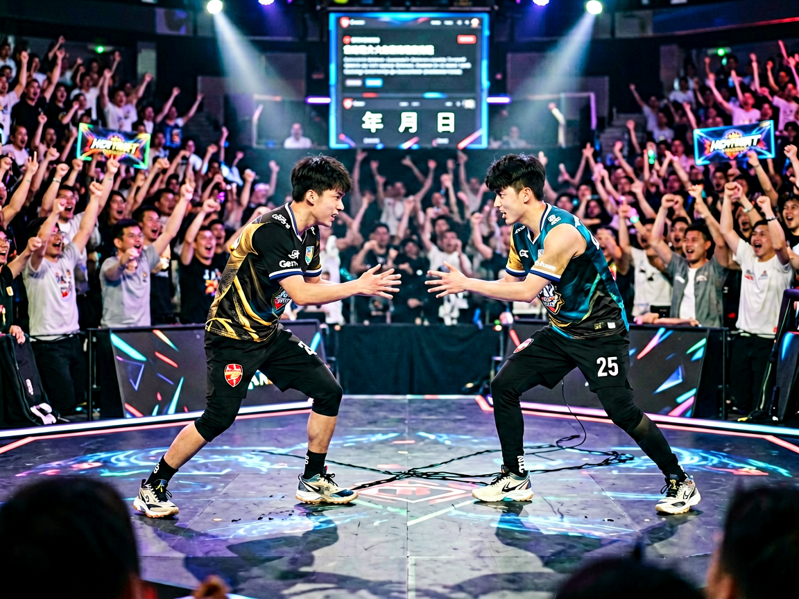 电竞比赛现场——选手在舞台上激烈对战,观众欢呼